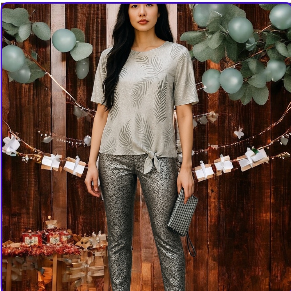 silver and white tie side hem top